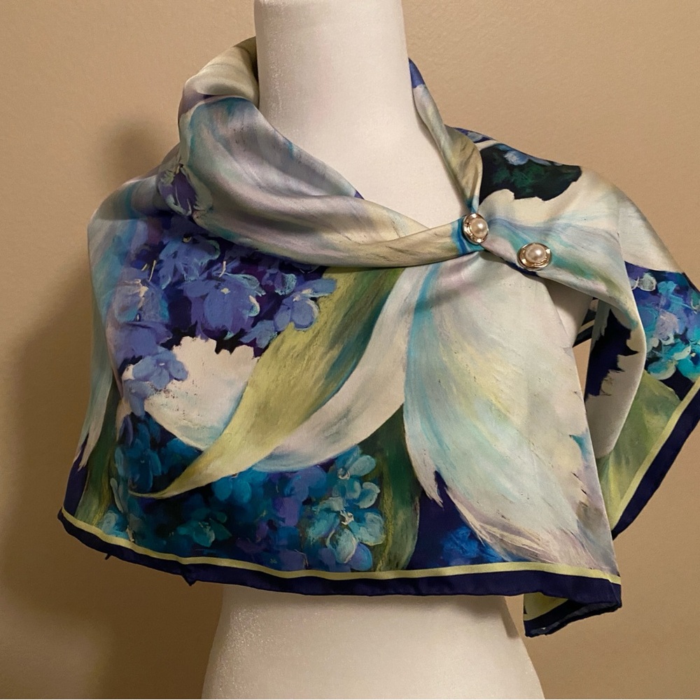 BONUS GIFT Mulberry Silk HANDMADE Blue Floral Hand Stitched Scarf Wrap - Picture 3 of 8